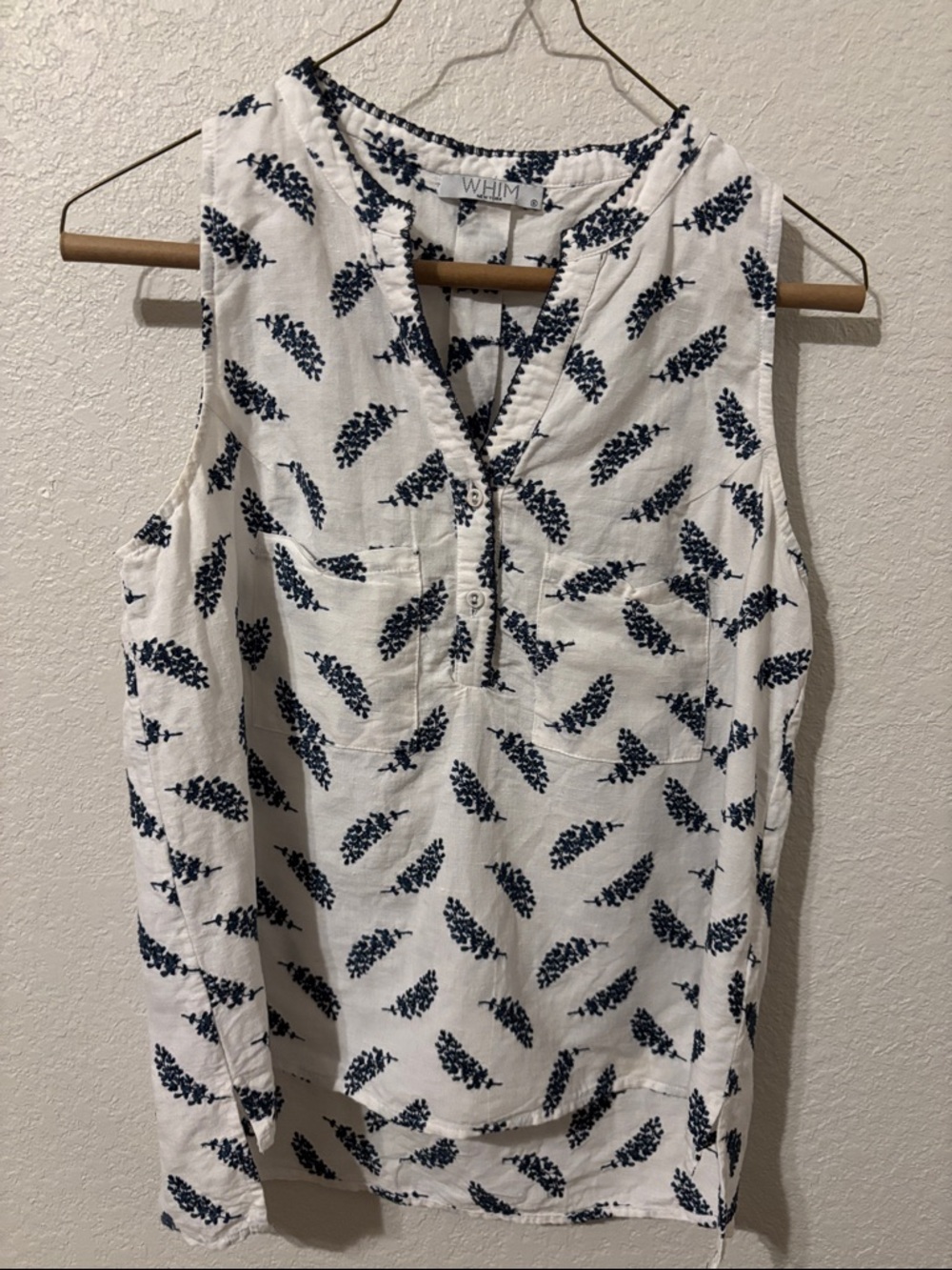 WHIM New York Linen White with Navy Embroidery Sleeveless Top